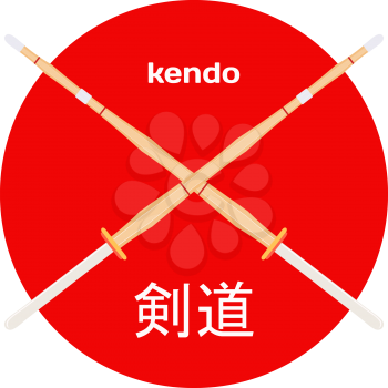 Two crossed bamboo training sword for kendo training. Wooden Japanese swords in the red circle with the hieroglyphs. Hieroglyphics Kendo. Shinai sword. Vector kendo weapon