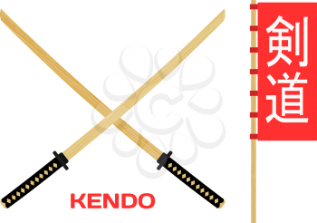 Two crossed wooden training sword for kendo. Wooden Japanese swords in the red circle with the flag and Hieroglyphics Kendo. Kendo art. Shinai sword. Vector kendo weapon