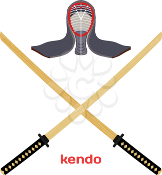 Two crossed wooden training sword for kendo and protective helmet. Wooden Japanese swords, kendo art. Vector kendo weapon