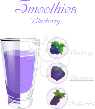 Vector illustration of a glass cup smoothie with blueberries, blackberries, blackcurrants. 
Healthy nutrition. Vegan drink. A healthy breakfast