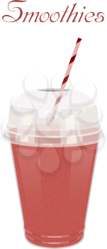 Vector illustration high glass cup with a red smoothie. Healthy nutrition - a smoothie. Color image of red smoothie on a white background with the text and the shadow.