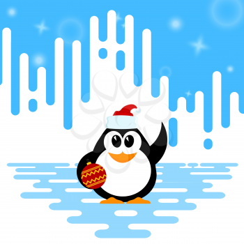 Vector illustration of a cute little baby penguin with Christmas ball and santa hat on winter 
background