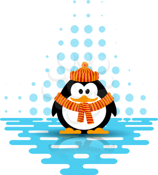Vector illustration of a little penguin wearing a hat and a scarf on an abstract background. 
Cartoon style