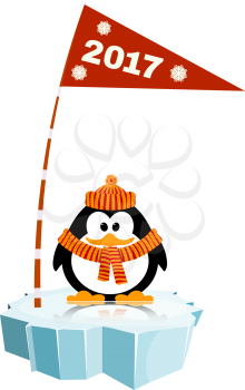 Vector illustration of a little penguin wearing a hat  and a scarf on the ice with a flag. Waiting 
for New Year holiday