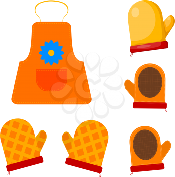 Vector illustration of kitchen items. Set of cardboard images of kitchen gloves and apron.