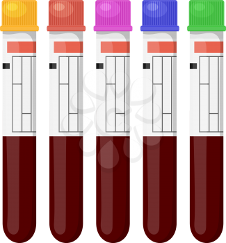 Set of vector illustrations of medical test tubes with colored caps for a blood test on white 
background. Medical test tubes, isolate. Subject to blood tests in the laboratory. Cartoon style.