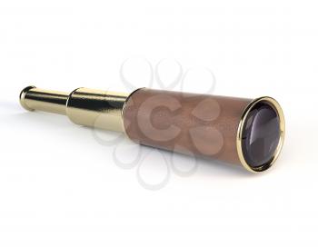 High-quality rendering 3D retro telescope on a white background. Vintage spyglass with skin