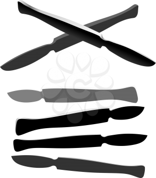 Set of silhouettes steel medical instrument on a white background. Medical scalpel in different positions. Vector illustration