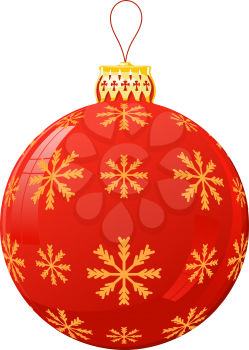 Vector illustration of a red  Christmas ball with snowflake on a white background. Isolated Christmas decoration. Christmas 
ball with golden top