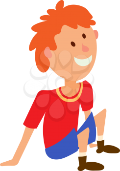 Vector illustration of a boy in a red T-shirt and shorts sitting on the floor. Colored figure child in a position of rest
