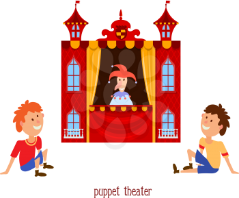 Puppet show. Illustration of children's puppet theater with a doll clown and child sitting on a 
white background. Cartoon vector a puppet theater with young viewers