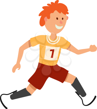 Little boy on prostheses. Young runner disabled athlete on a white background. Cartoon style 
athlete on prostheses, Paralympic