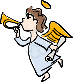 Vector color illustration of a young angel with a gold trumpet on a white background