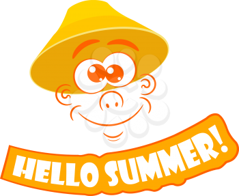 Vector illustration of abstract cute face with a yellow hat and the text hello Summer on 
a white background.
