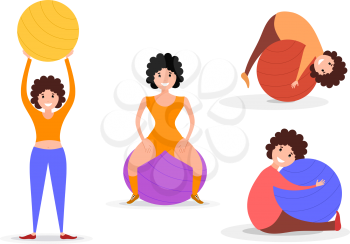 Set of flat image style girl sport with fitness ball. Color girl figurines with a fitball on a white background. Vector illustration