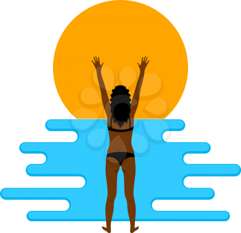 Abstract color image of a young beautiful girl on the beach. Flat simple figure of a girl and waves. Vector illustration