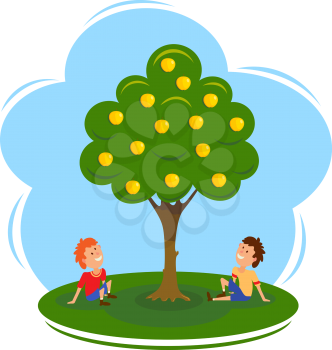 Boys near the apple tree. Cartoon vector illustration of an apple tree and two seated boys. Flat style. Vector drawing