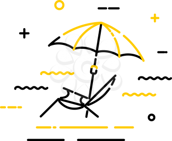 Flat color icon of a beach umbrella with a sun lounger on a white background. Symbol 
of summer holidays. Vector illustration