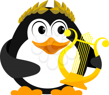 Young penguin with lyre. Cartoon image of a small penguin with an ancient lyre and a 
laurel wreath. Winner of a song contest on a white background. Vector illustration