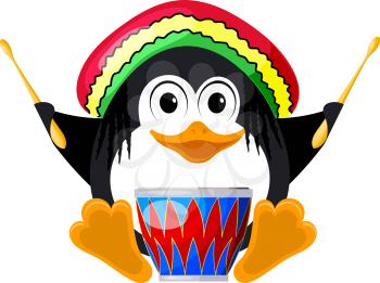 Penguin with a drum in a beret. The little penguin is rastaman. Music of reggae. Vector illustration