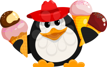 Penguin with ice cream. Cartoon style color image of a small cute penguin in a red hat with ice cream on a white background. Vector illustration