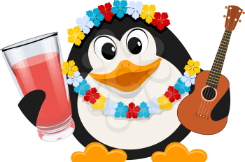 Holidays in Hawaii. Cartoon style color image of a small cute penguin with garlands of flowers and a guitar. Vector illustration