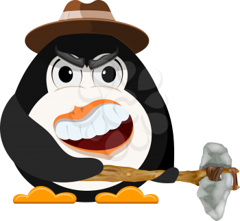 Abstract evil penguin with hat and primitive stone ax in his hands. The concept of anger and anger. Cartoon style vector illustration