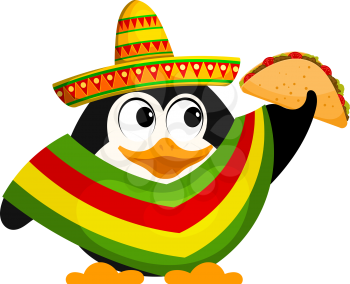 Cute little penguin with a poncho, sombrero and a taco. Mexican style. Cartoon vector illustration