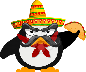  penguin with sombrero and a taco. Mexican style. Cartoon vector illustration
