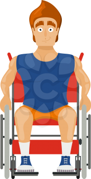 Athlete in a wheelchair on a white background. Cartoon illustration of a young guy 
Sportsman sitting in a wheelchair for disabled people. Vector illustration