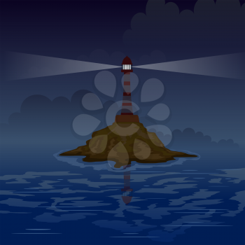 Lighthouse on the island at night with rays. Vector illustration