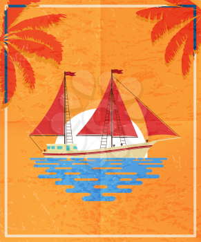 Red retro postcard with a sailboat in the sea, on a sunset/sunrise background. Vector illustration.