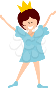 Little princess in a blue dress in a crown on a white background. Flat style design girl with crown on head. Vector illustration