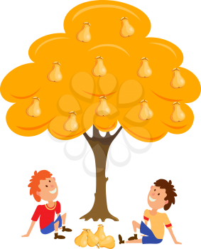 Two boys near the Tree pear. Cartoon vector illustration of an Tree pear and two seated boys. Flat style. Vector drawing