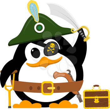 Abstract cute penguin in a pirate costume on a white background. Flat style child penguin in a hat, with a crutch, chest, gun and saber. Vector illustration