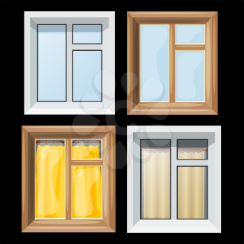 A set of cartoon colored image of window and curtains on a black background. Element of decor. Vector illustration