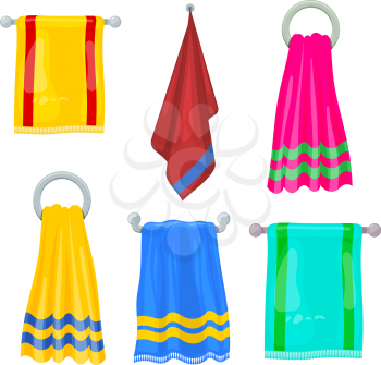 Set of multi-colored towels. Piece of hygiene cotton towel on a white background. Vector illustration