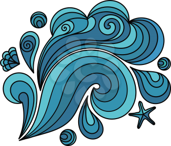 Color image of a sea wave on a white background. Vector illustration of a stylized blue wave in the style of doodle