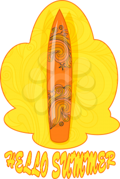 Color image of a yellow surfboard on a yellow background. Vector illustration of the symbol of surfing with doodle elements in the design.