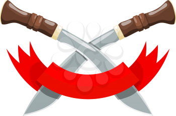 Militant sign - two crossed long knives with a red ribbon on a white background. Vector illustration