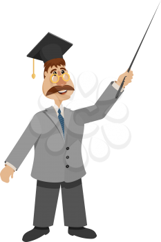 Teacher in the classroom on a white background. Isolate Character professor in a gray suit, hat, with gold glasses and a pointer in his hand. The teacher at work in the audience. Vector illustration