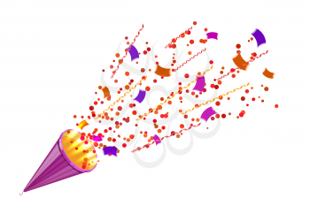 Bright party cracker with kofetti in isometric style on a white background. Exploding slapstick for a holiday, party, congratulations and birthday. Vector illustration of popper