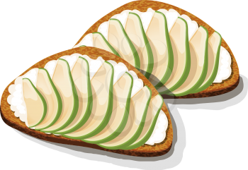 Avocado sandwich Slices of fresh bread with avocado slices, seeds and spices. Vector illustration of healthy vegetarian food on white background