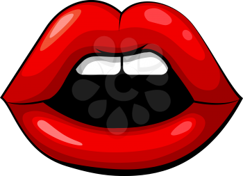 Red female lips on a white background. Open female mouth and scream. Emotion of fright and warming. Graphic drawing. Vector stock illustration
