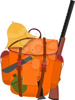 Hanter backpack with detachment on a white background. A hunter's backpack with a gun, an ax, a bowler, a flashlight, a knife in the style of a cartoon. Vector illustration