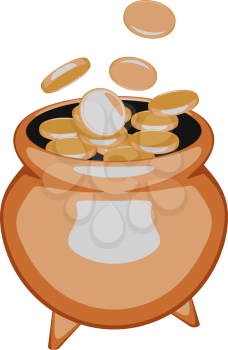 Clay pot with gold coins. Ancient treasure on a white background. Vector illustration