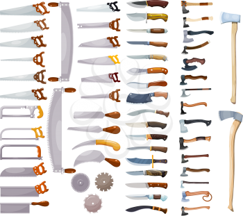 Large colored collection of a home working tool on a white background. Vector illustration of a set of axes, knives and saws