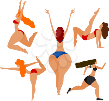 Summer Active holiday on the beach  set girls actively having  rest on the seashore collection of silhouettes of women in various poses of yoga Summer sport Running yoga beach rest Vector illustration
