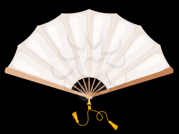White fan on a black background. Chinese fan white silk with gold tassels. The subject of everyday life of medieval aristocrats. Vector illustration