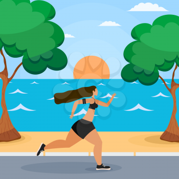 Young woman running along the seashore. Seascape with sunsets, trees, seashore and sand and a young girl running. Sport and a healthy lifestyle for young people. Vector illustration